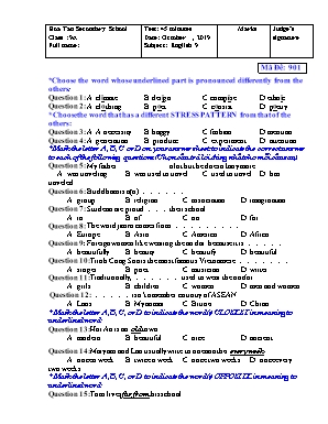 Đề kiểm tra 1 tiết môn Tiếng Anh Lớp 9 - Mã đề 901 - Năm học 2019-2020 - Trường THCS Hòa Tân